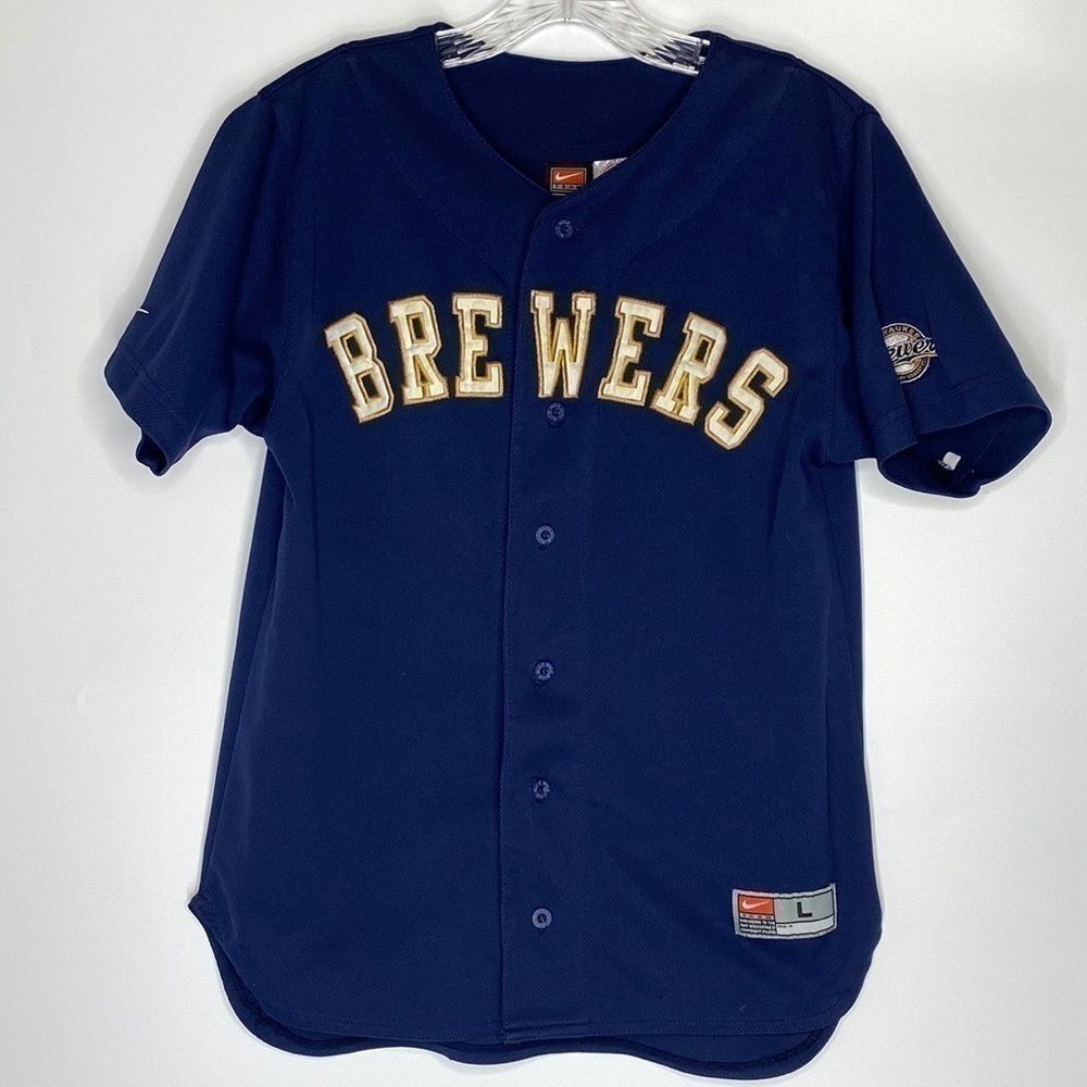 Nike MLB Milwaukee Brewers Blue Short Sleeve Button Up Shirt Large 16-18 Boys